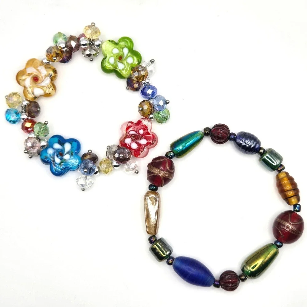 Handmade Lampwork Flower and‎ Art Glass Bead Stretch Bracelet Set Multicolored